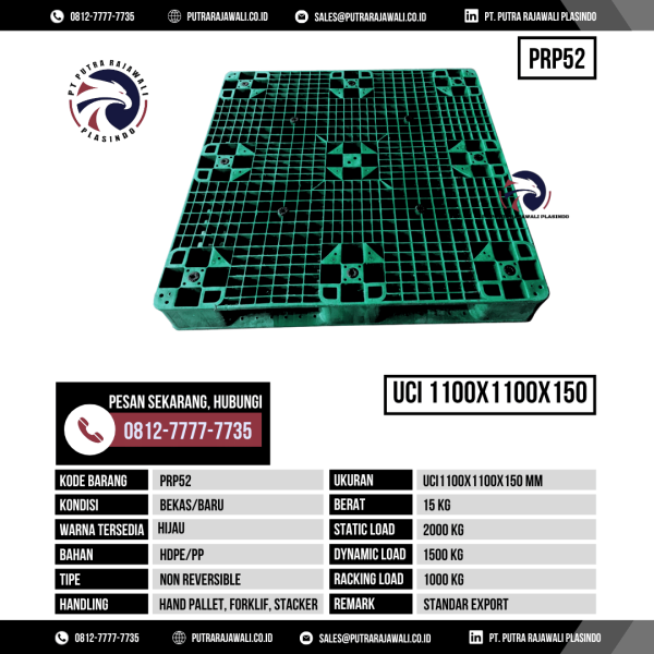Pallet Plastik Bekas & Baru Ukuran 1100x1100x150 mm - PRP52 - Hijau